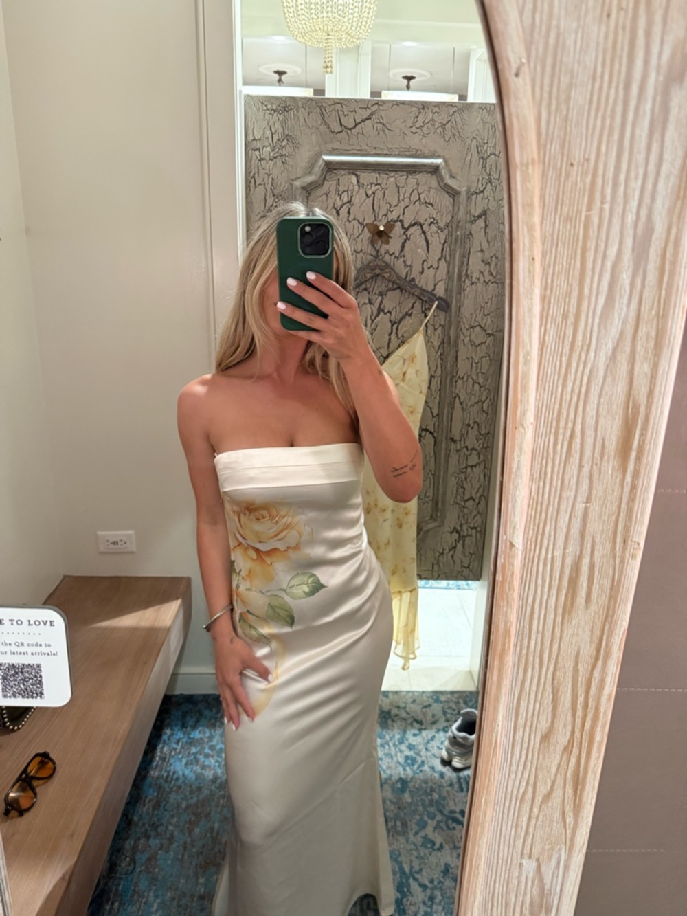 Altar'd State Ivory Strapless Satin Dress with Yellow Rose Print